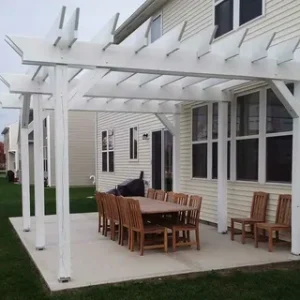 Modern pergola design in Dubai with stylish seating and outdoor lighting.